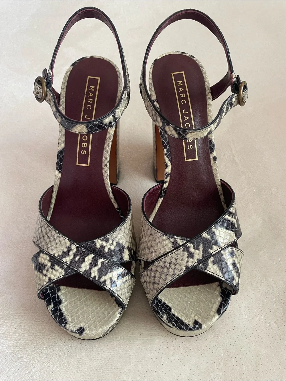 Marc Jacobs Genuine Leather Textured Snakeskin Platform 70s Style Heeled Sandals